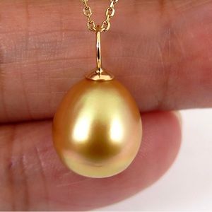 Solid 18k Gold Pendant with Fine Drop Natural Rich Golden South Sea Pearl